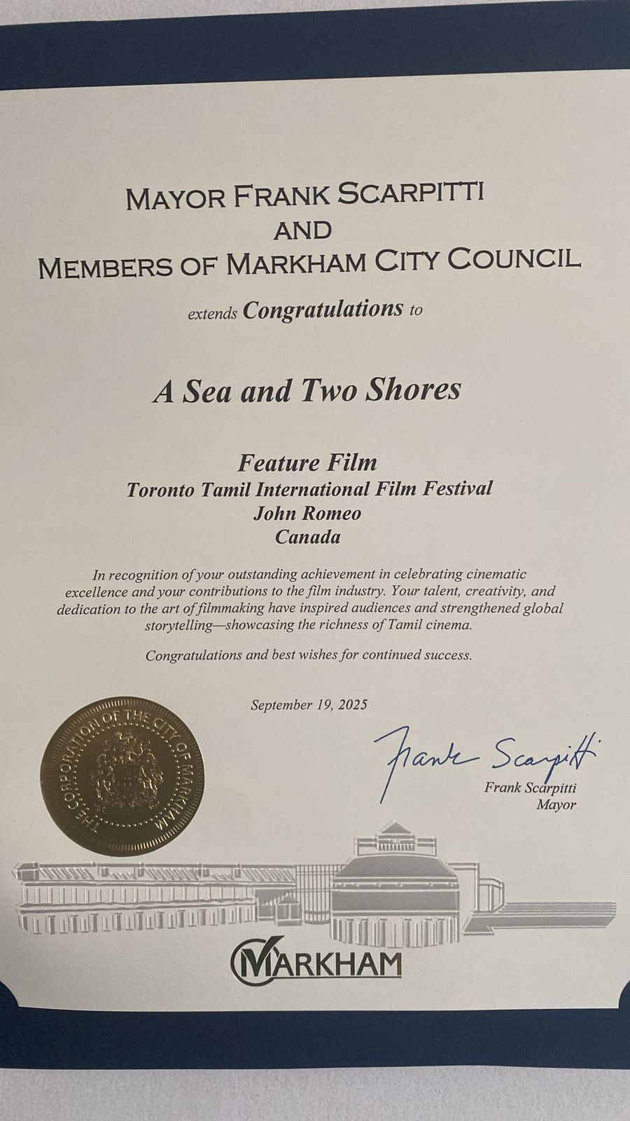 ‘Oru Kadal Iru Karai’ won an award at the Canada Tamil International Film Festival